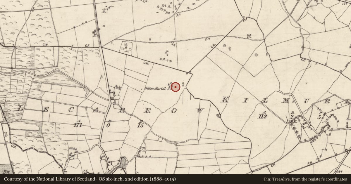 Ordnance Survey six-inch map, 2nd edition (1888–1915) covering the location of Ritual site - holy tree/bush, Lecarrow, County Galway, with a pin at the register's coordinates
