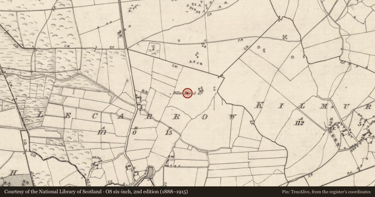 Ordnance Survey six-inch map, 2nd edition (1888–1915) covering the location of Ecclesiastical enclosure, Lecarrow, County Galway, with a pin at the register's coordinates