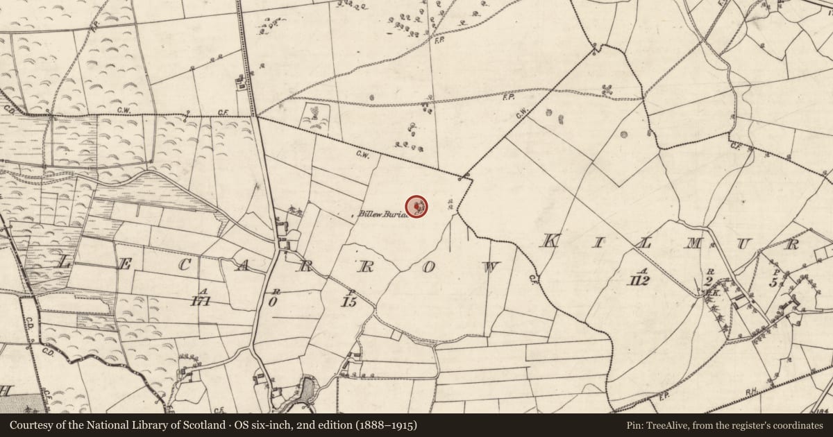 Ordnance Survey six-inch map, 2nd edition (1888–1915) covering the location of Children's burial ground, Lecarrow, County Galway, with a pin at the register's coordinates