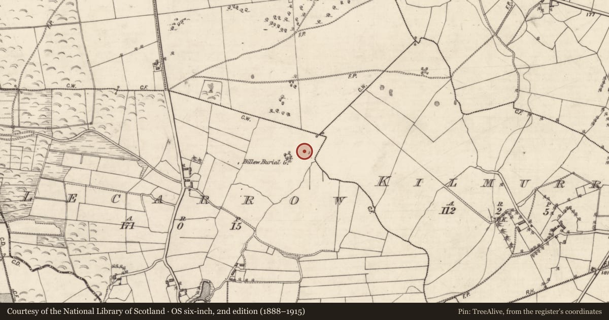 Ordnance Survey six-inch map, 2nd edition (1888–1915) covering the location of Ritual site - holy tree/bush, Lecarrow, County Galway, with a pin at the register's coordinates