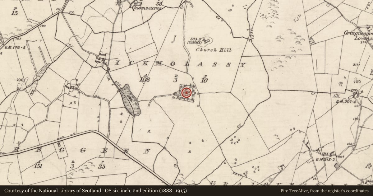 Ordnance Survey six-inch map, 2nd edition (1888–1915) covering the location of Church, Lickmolassy, County Galway, with a pin at the register's coordinates