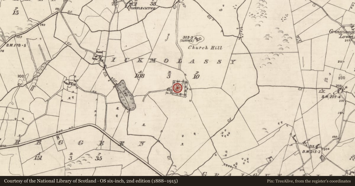 Ordnance Survey six-inch map, 2nd edition (1888–1915) covering the location of Bullaun stone, Lickmolassy, County Galway, with a pin at the register's coordinates