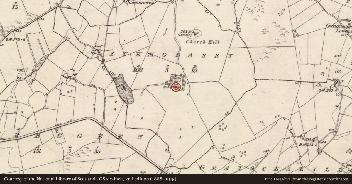 Ordnance Survey six-inch map, 2nd edition (1888–1915) covering the location of Font, Lickmolassy, County Galway, with a pin at the register's coordinates