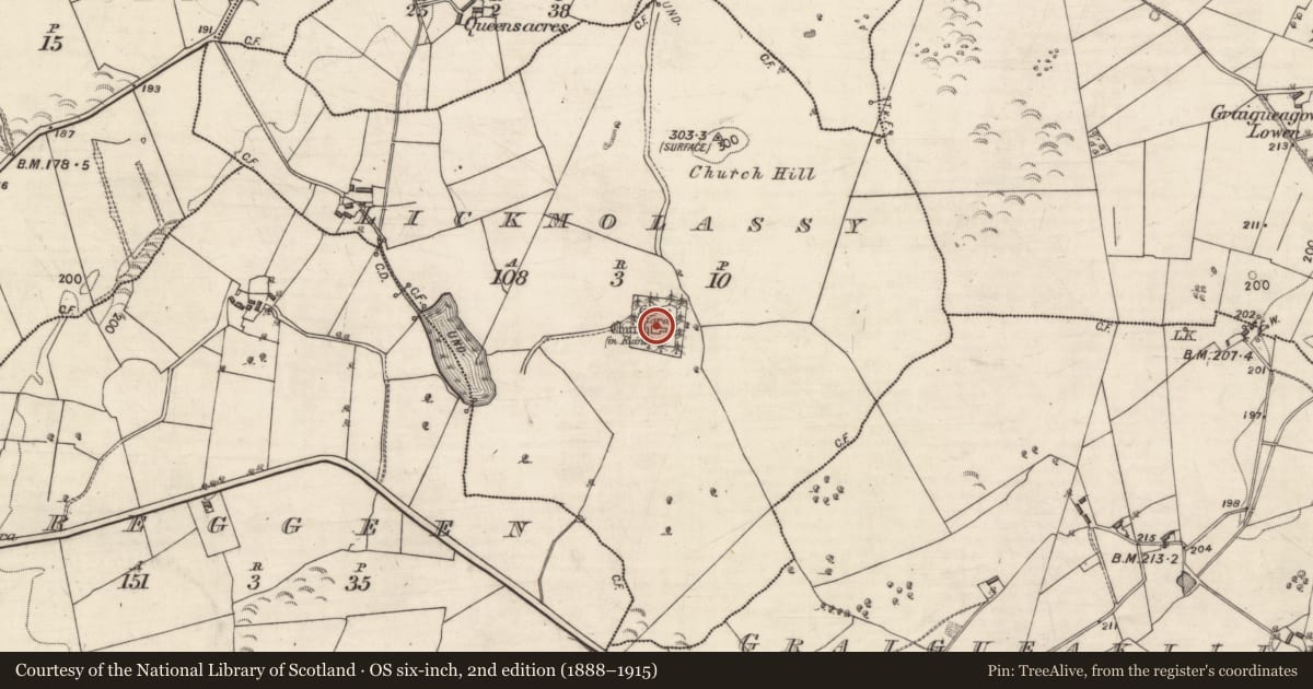 Ordnance Survey six-inch map, 2nd edition (1888–1915) covering the location of Graveslab, Lickmolassy, County Galway, with a pin at the register's coordinates