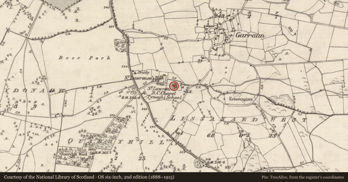 Ordnance Survey six-inch map, 2nd edition (1888–1915) covering the location of Church, Lissanard West, County Galway, with a pin at the register's coordinates