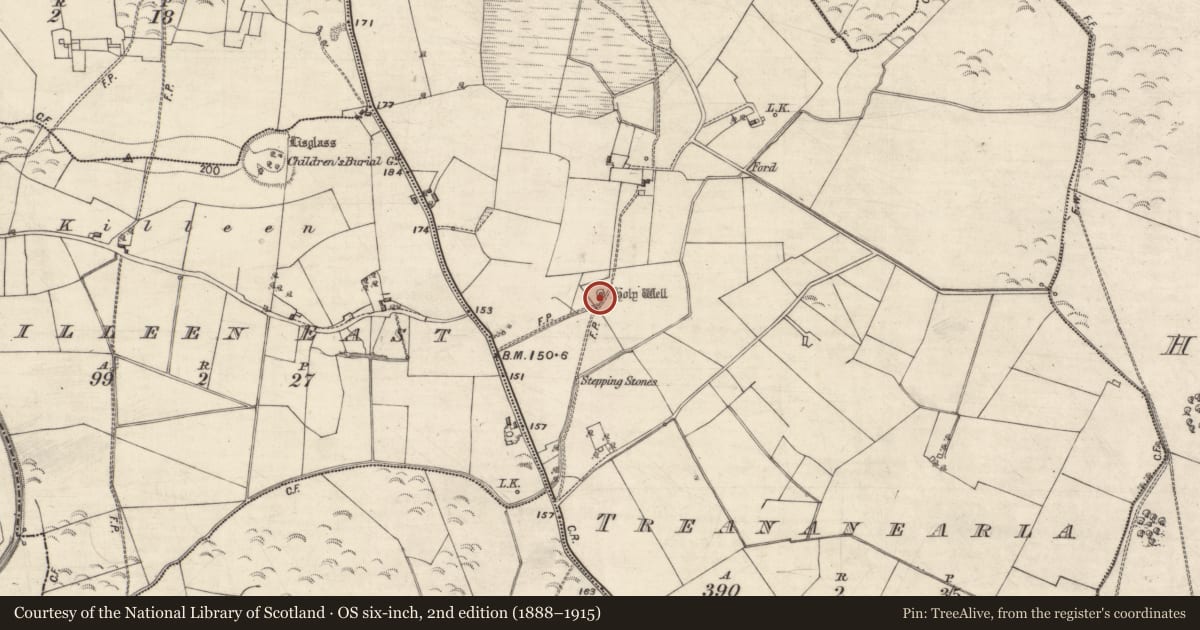 Ordnance Survey six-inch map, 2nd edition (1888–1915) covering the location of Ritual site - holy well, Treananearla, County Galway, with a pin at the register's coordinates