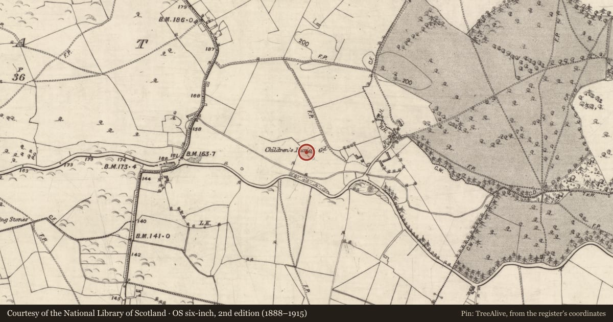 Ordnance Survey six-inch map, 2nd edition (1888–1915) covering the location of Children's burial ground, Treananearla, County Galway, with a pin at the register's coordinates