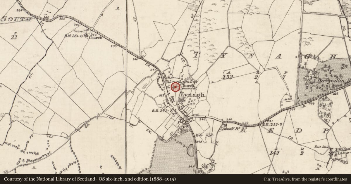 Ordnance Survey six-inch map, 2nd edition (1888–1915) covering the location of Church, Tynagh, County Galway, with a pin at the register's coordinates