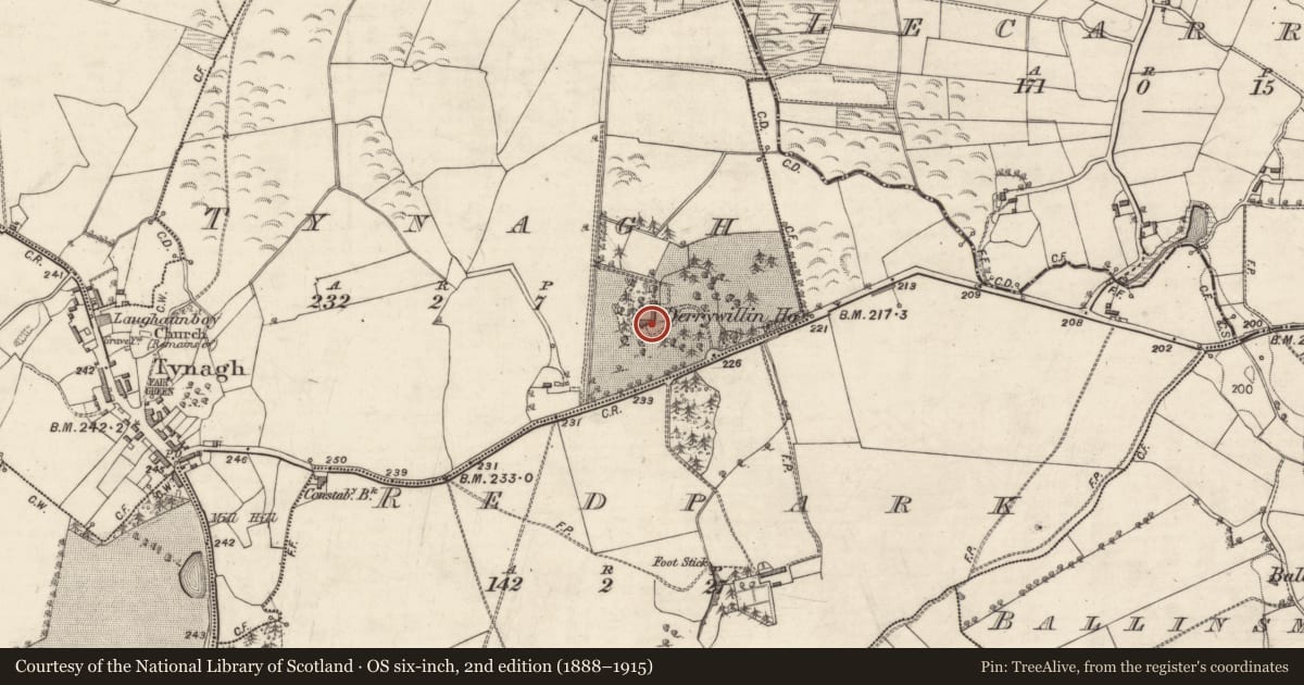 Ordnance Survey six-inch map, 2nd edition (1888–1915) covering the location of House - 18th/19th century, Tynagh, County Galway, with a pin at the register's coordinates