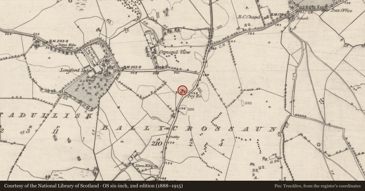 Ordnance Survey six-inch map, 2nd edition (1888–1915) covering the location of House - 18th/19th century, Ballycrossaun, County Galway, with a pin at the register's coordinates