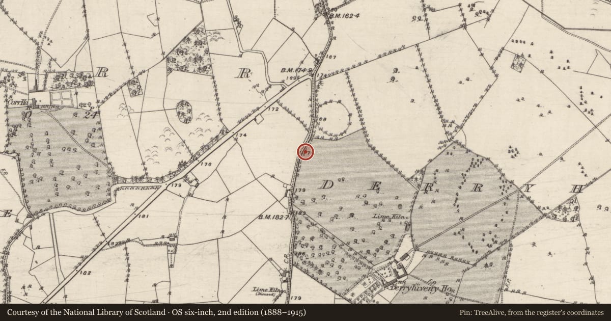 Ordnance Survey six-inch map, 2nd edition (1888–1915) covering the location of Earthwork, Derryhiveny North, County Galway, with a pin at the register's coordinates