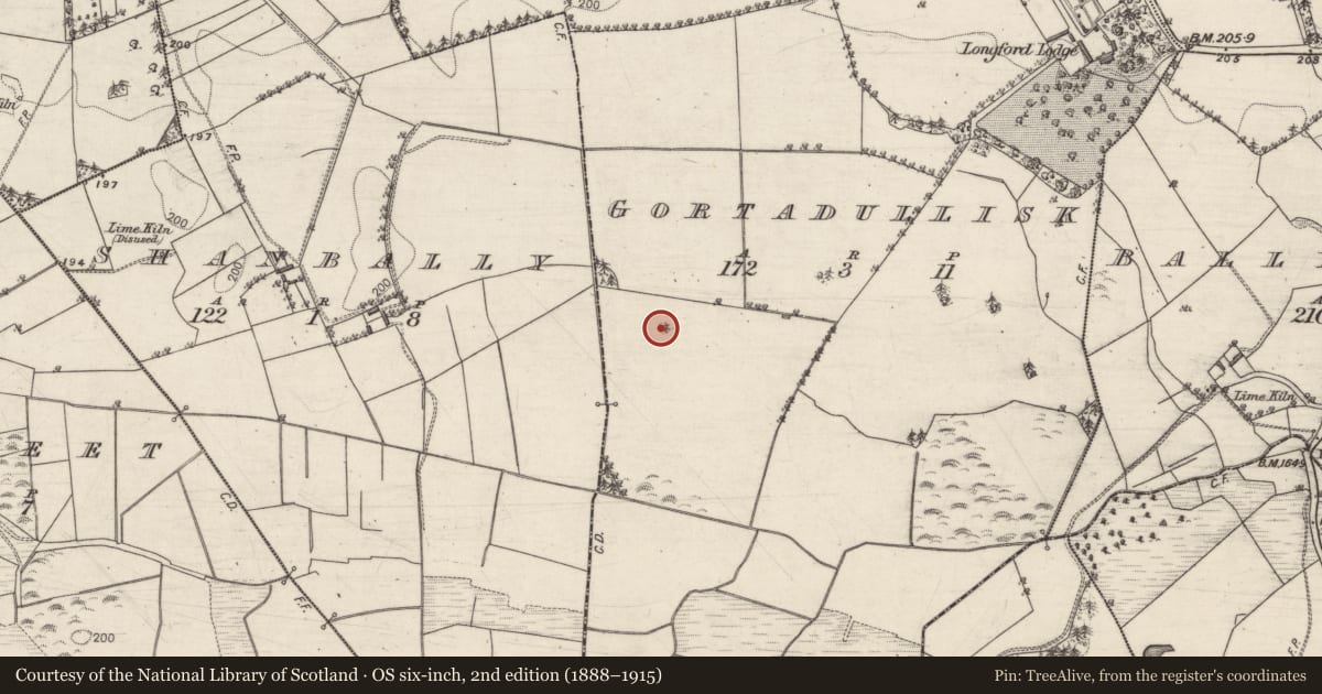 Ordnance Survey six-inch map, 2nd edition (1888–1915) covering the location of Barrow - mound barrow, Gortadullisk, County Galway, with a pin at the register's coordinates