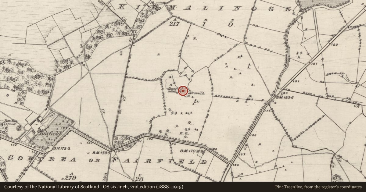 Ordnance Survey six-inch map, 2nd edition (1888–1915) covering the location of Church, Kilmalinoge, County Galway, with a pin at the register's coordinates