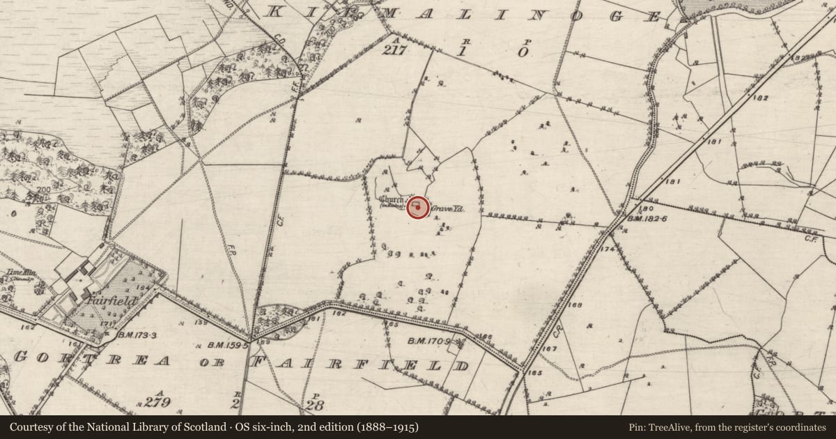 Ordnance Survey six-inch map, 2nd edition (1888–1915) covering the location of Graveyard, Kilmalinoge, County Galway, with a pin at the register's coordinates