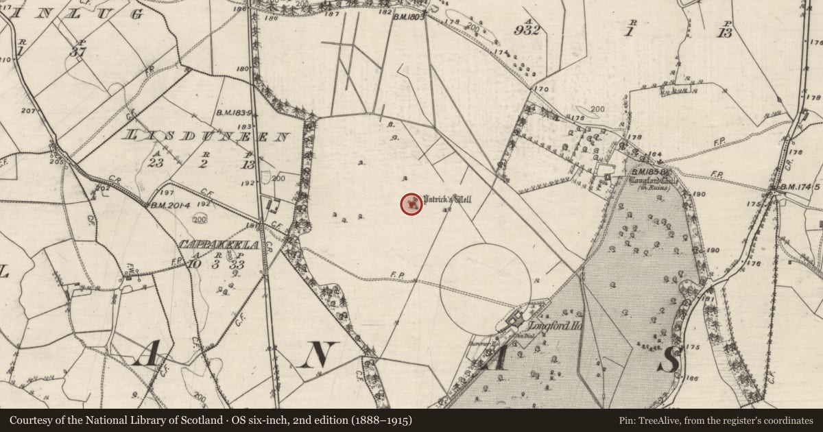 Ordnance Survey six-inch map, 2nd edition (1888–1915) covering the location of Bullaun stone, Longford, County Galway, with a pin at the register's coordinates