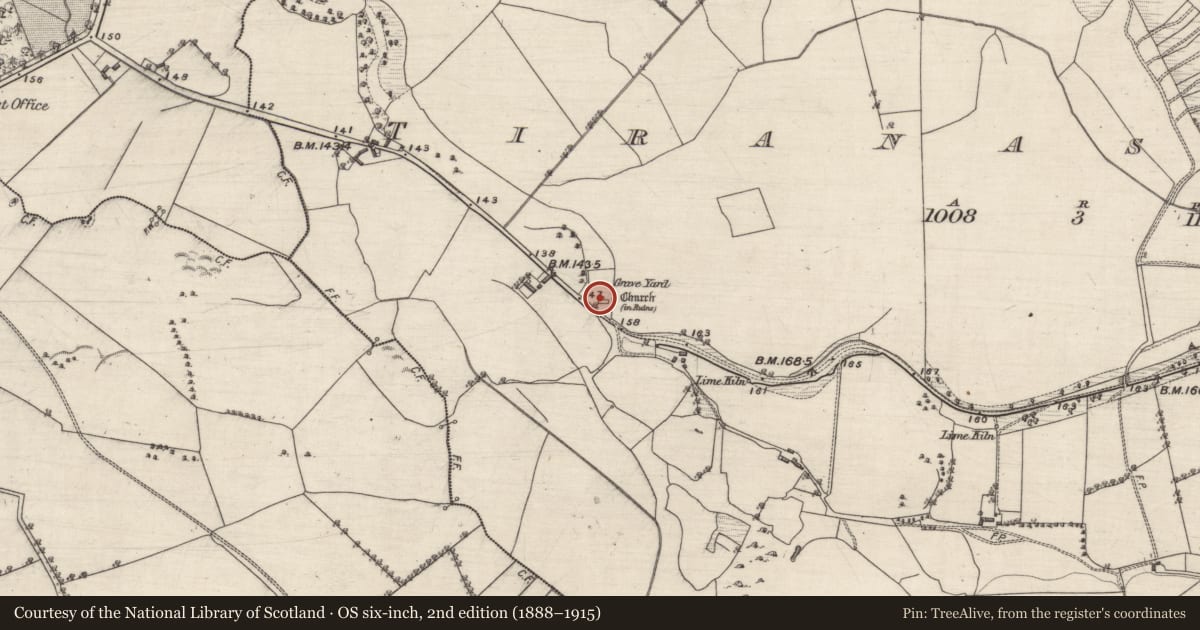 Ordnance Survey six-inch map, 2nd edition (1888–1915) covering the location of Church, Tiranascragh, County Galway, with a pin at the register's coordinates