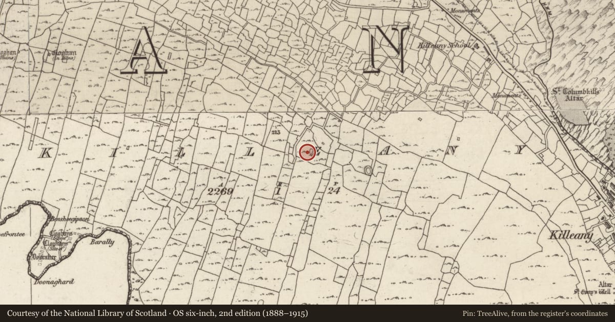 Ordnance Survey six-inch map, 2nd edition (1888–1915) covering the location of Cairn - unclassified, Cill Éinne, County Galway, with a pin at the register's coordinates