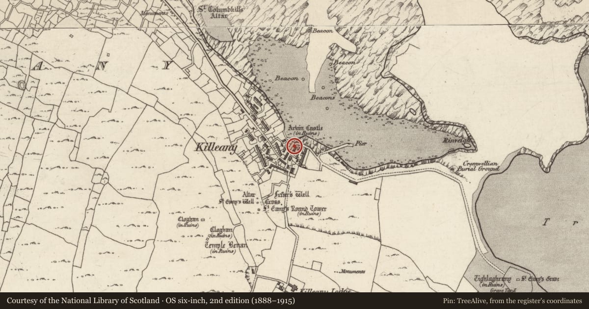Ordnance Survey six-inch map, 2nd edition (1888–1915) covering the location of Cross-inscribed stone, Cill Éinne, County Galway, with a pin at the register's coordinates