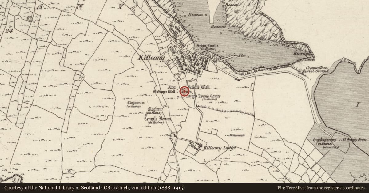 Ordnance Survey six-inch map, 2nd edition (1888–1915) covering the location of Ritual site - holy well, Cill Éinne, County Galway, with a pin at the register's coordinates