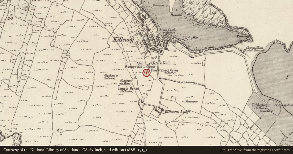 Ordnance Survey six-inch map, 2nd edition (1888–1915) covering the location of Round tower, Cill Éinne, County Galway, with a pin at the register's coordinates