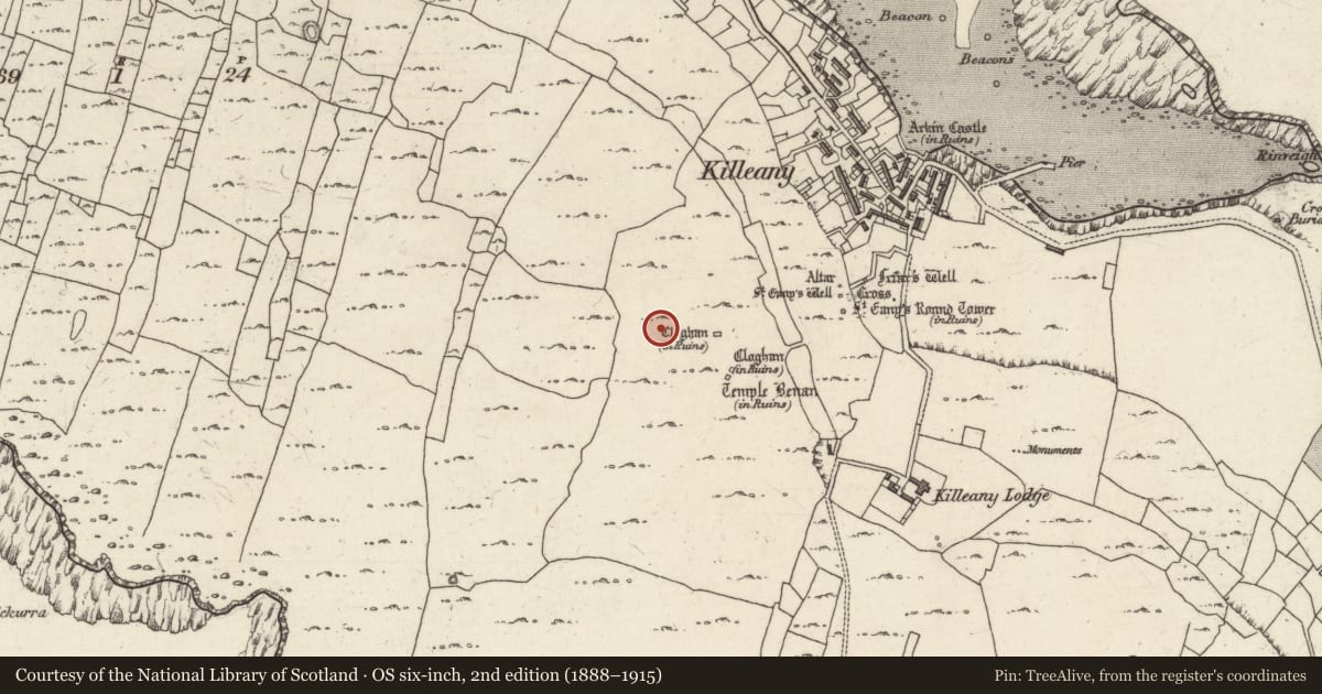 Ordnance Survey six-inch map, 2nd edition (1888–1915) covering the location of Clochan, Cill Éinne, County Galway, with a pin at the register's coordinates