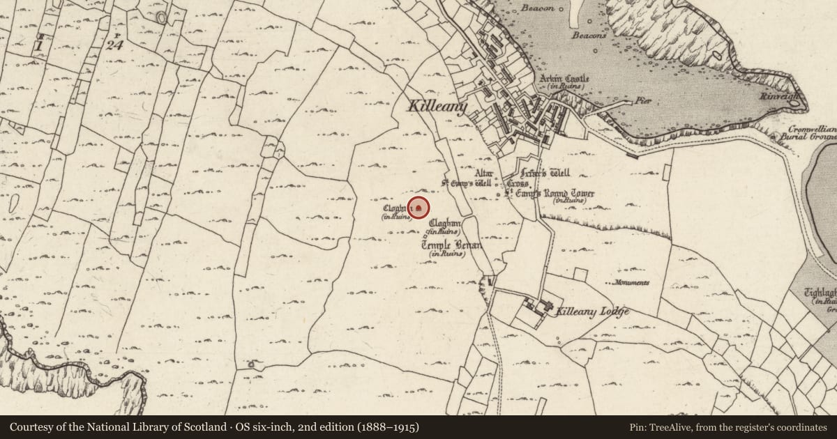 Ordnance Survey six-inch map, 2nd edition (1888–1915) covering the location of Clochan, Cill Éinne, County Galway, with a pin at the register's coordinates