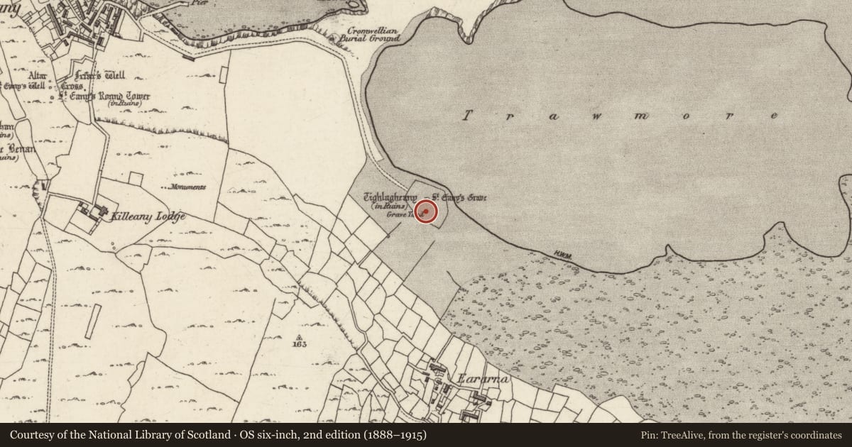 Ordnance Survey six-inch map, 2nd edition (1888–1915) covering the location of Graveyard, Cill Éinne, County Galway, with a pin at the register's coordinates