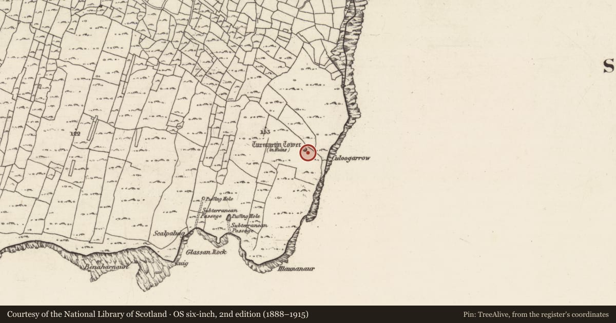 Ordnance Survey six-inch map, 2nd edition (1888–1915) covering the location of Watchtower, Cill Éinne, County Galway, with a pin at the register's coordinates