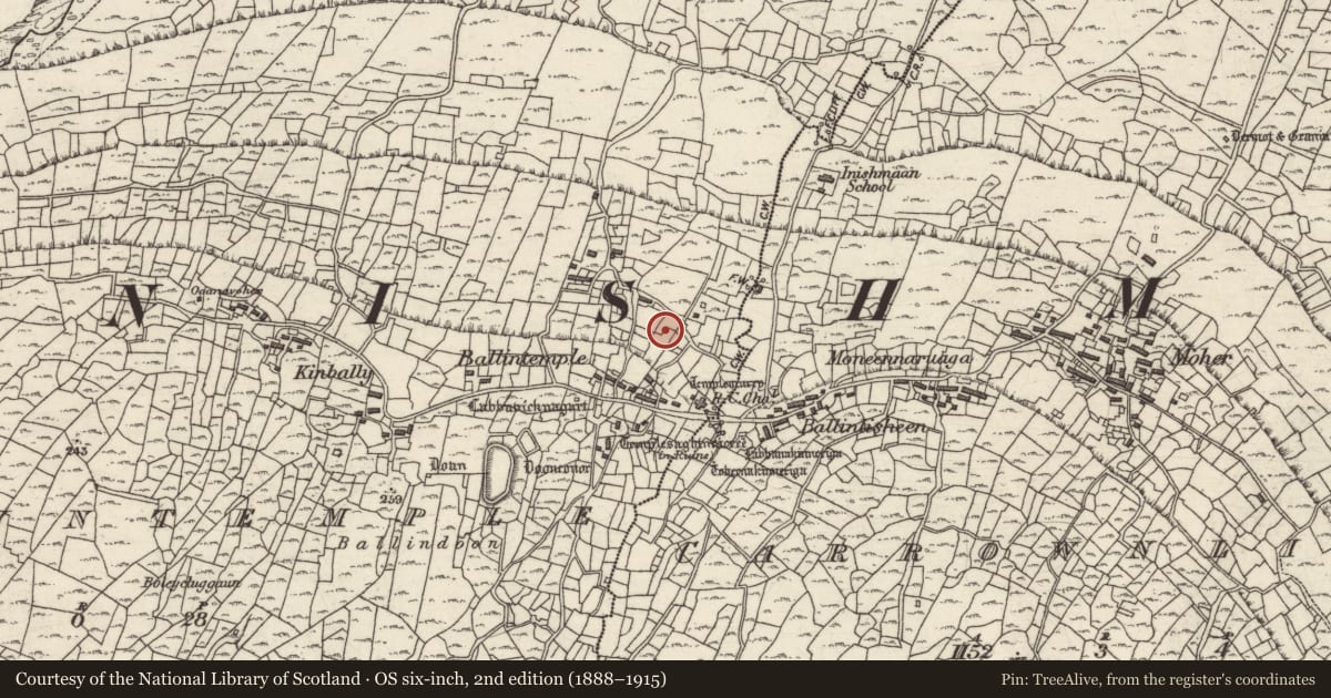 Ordnance Survey six-inch map, 2nd edition (1888–1915) covering the location of Burial, Ceathrú An Teampaill, County Galway, with a pin at the register's coordinates