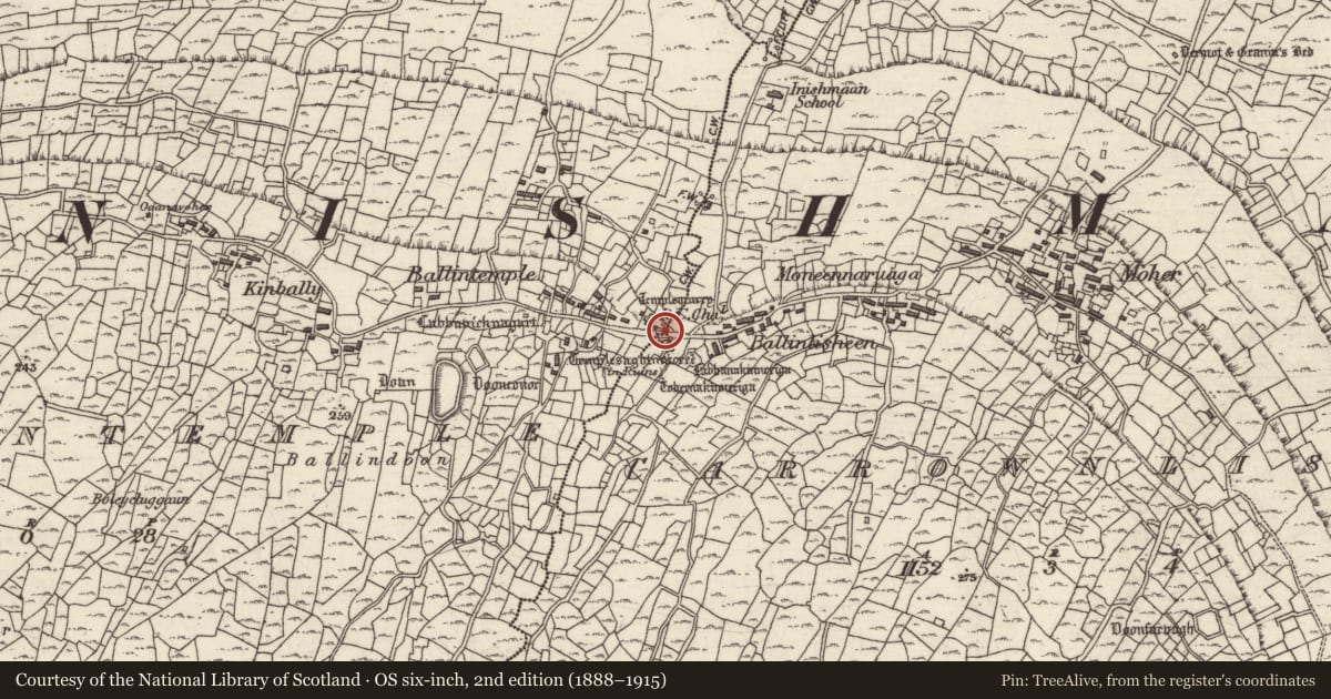 Ordnance Survey six-inch map, 2nd edition (1888–1915) covering the location of Church, Ceathrú An Lisín, Ceathrú An Teampaill, County Galway, with a pin at the register's coordinates
