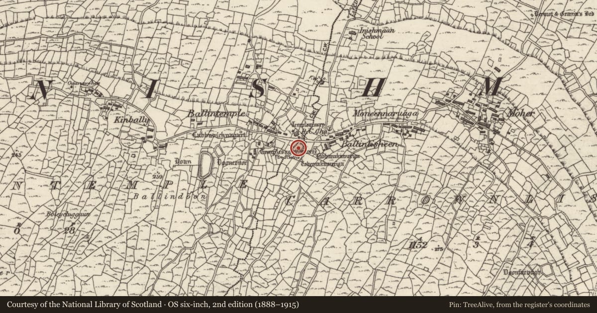 Ordnance Survey six-inch map, 2nd edition (1888–1915) covering the location of Architectural fragment, Ceathrú An Teampaill, County Galway, with a pin at the register's coordinates
