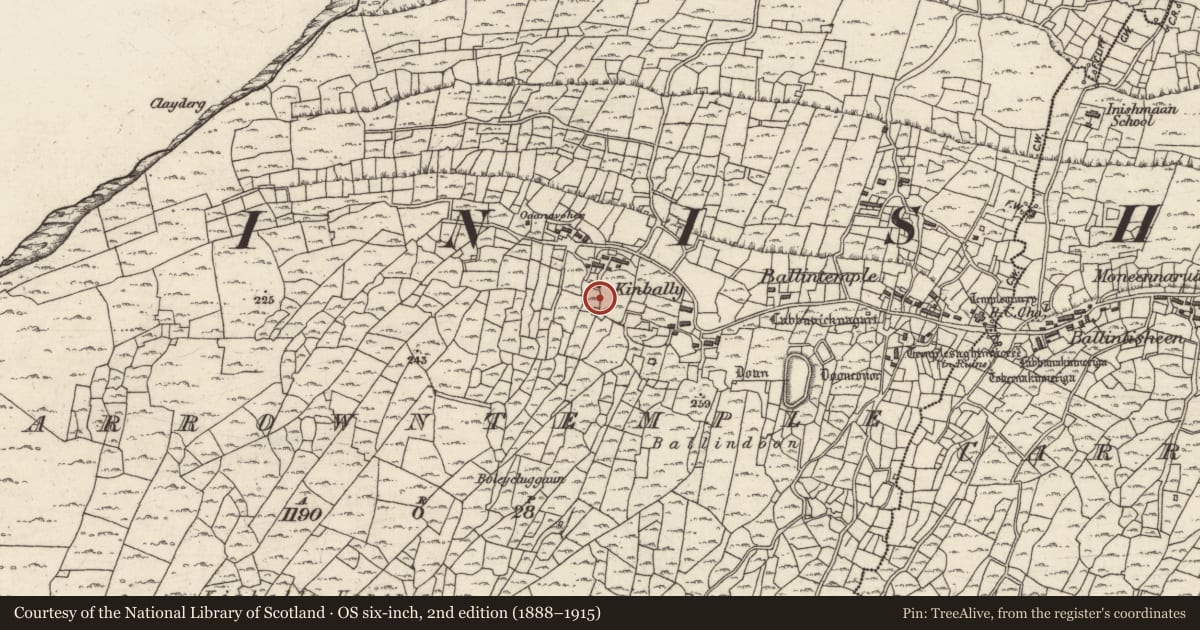Ordnance Survey six-inch map, 2nd edition (1888–1915) covering the location of Burial ground, Ceathrú An Teampaill, County Galway, with a pin at the register's coordinates