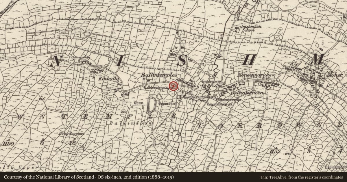 Ordnance Survey six-inch map, 2nd edition (1888–1915) covering the location of Monumental structure, Ceathrú An Teampaill, County Galway, with a pin at the register's coordinates
