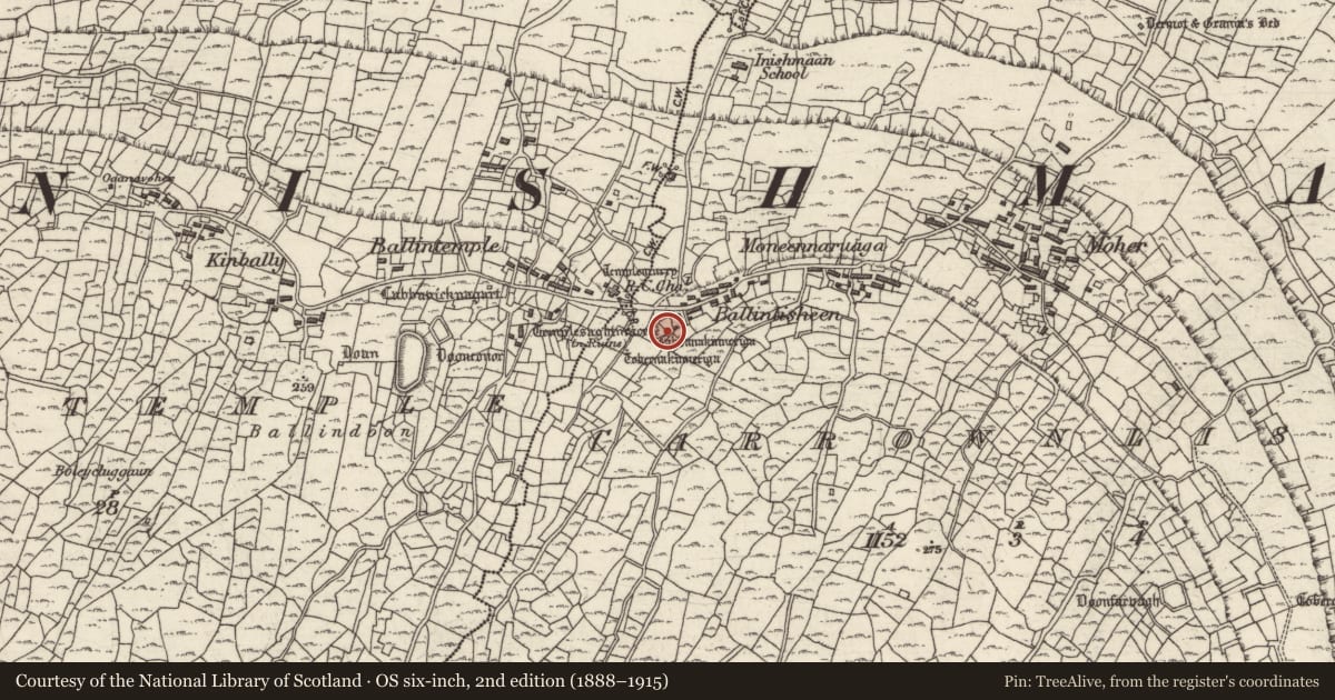 Ordnance Survey six-inch map, 2nd edition (1888–1915) covering the location of Church, Ceathrú An Lisín, County Galway, with a pin at the register's coordinates