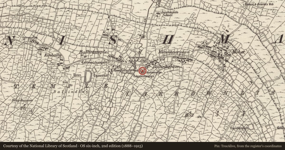 Ordnance Survey six-inch map, 2nd edition (1888–1915) covering the location of Cross, Ceathrú An Lisín, County Galway, with a pin at the register's coordinates