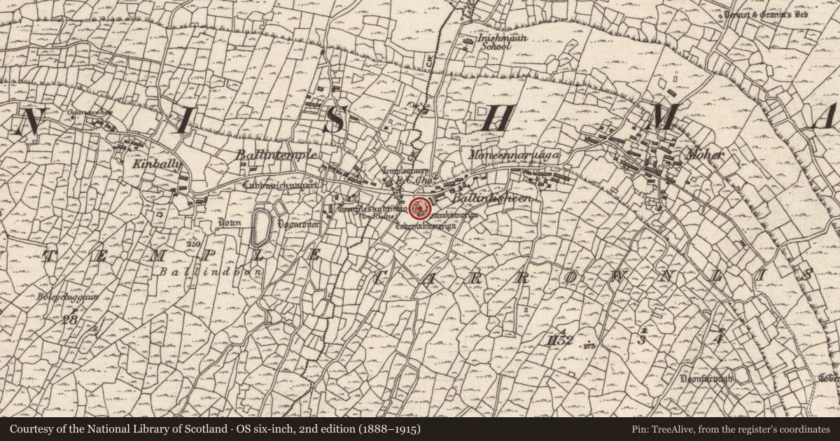 Ordnance Survey six-inch map, 2nd edition (1888–1915) covering the location of Graveyard, Ceathrú An Lisín, County Galway, with a pin at the register's coordinates