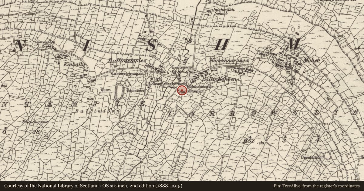 Ordnance Survey six-inch map, 2nd edition (1888–1915) covering the location of Ritual site - holy well, Ceathrú An Lisín, County Galway, with a pin at the register's coordinates