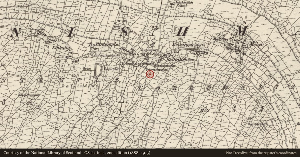 Ordnance Survey six-inch map, 2nd edition (1888–1915) covering the location of Mound, Ceathrú An Lisín, County Galway, with a pin at the register's coordinates