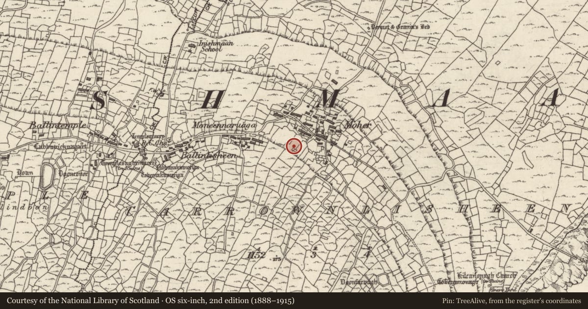 Ordnance Survey six-inch map, 2nd edition (1888–1915) covering the location of Mound, Ceathrú An Lisín, County Galway, with a pin at the register's coordinates