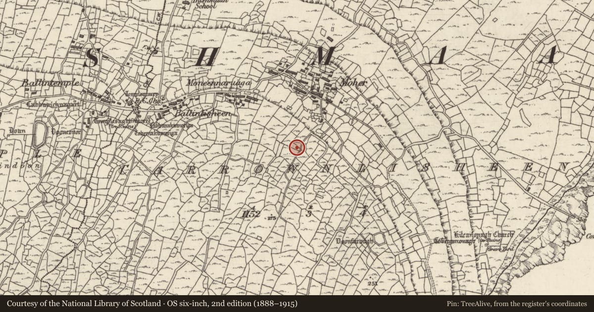 Ordnance Survey six-inch map, 2nd edition (1888–1915) covering the location of Midden, Ceathrú An Lisín, County Galway, with a pin at the register's coordinates