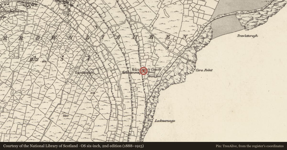 Ordnance Survey six-inch map, 2nd edition (1888–1915) covering the location of Ritual site - holy well, Ceathrú An Lisín, County Galway, with a pin at the register's coordinates