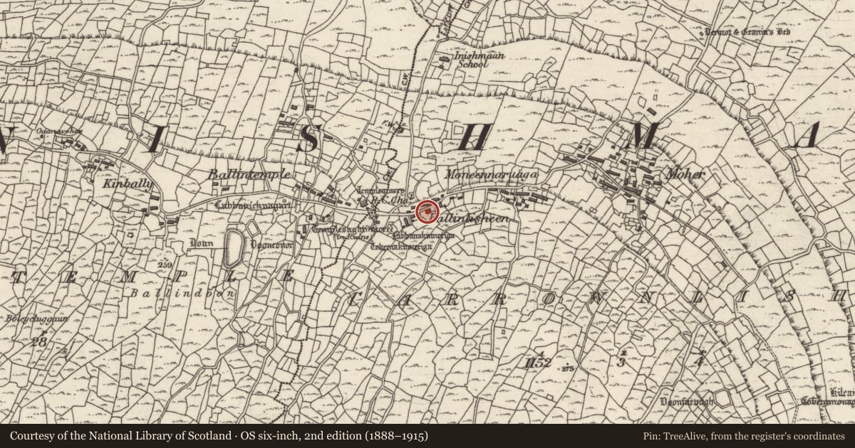 Ordnance Survey six-inch map, 2nd edition (1888–1915) covering the location of Cross, Ceathrú An Lisín, County Galway, with a pin at the register's coordinates