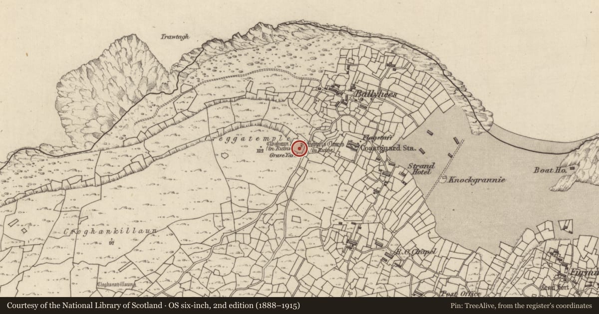 Ordnance Survey six-inch map, 2nd edition (1888–1915) covering the location of Bullaun stone, Inis Oírr, County Galway, with a pin at the register's coordinates