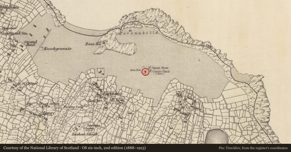 Ordnance Survey six-inch map, 2nd edition (1888–1915) covering the location of Leacht, Inis Oírr, County Galway, with a pin at the register's coordinates