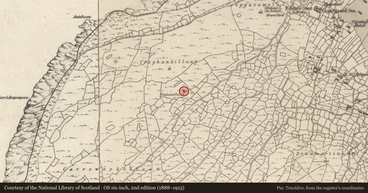 Ordnance Survey six-inch map, 2nd edition (1888–1915) covering the location of Clochan, Inis Oírr, County Galway, with a pin at the register's coordinates