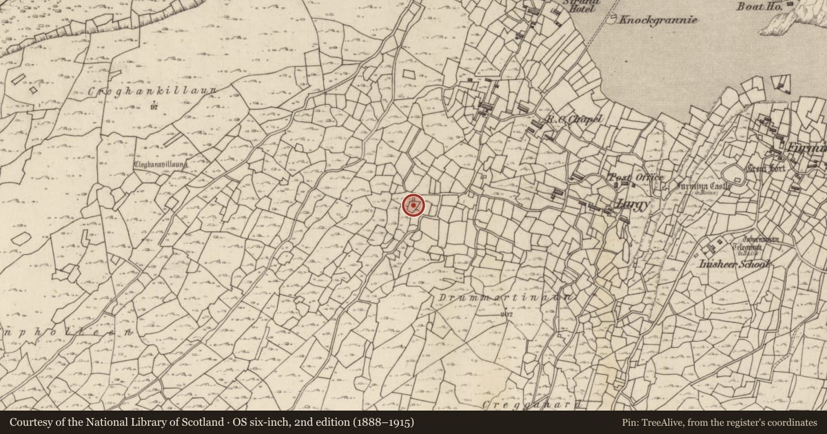 Ordnance Survey six-inch map, 2nd edition (1888–1915) covering the location of Anomalous stone group, Inis Oírr, County Galway, with a pin at the register's coordinates