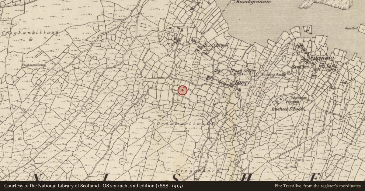 Ordnance Survey six-inch map, 2nd edition (1888–1915) covering the location of Mound, Inis Oírr, County Galway, with a pin at the register's coordinates