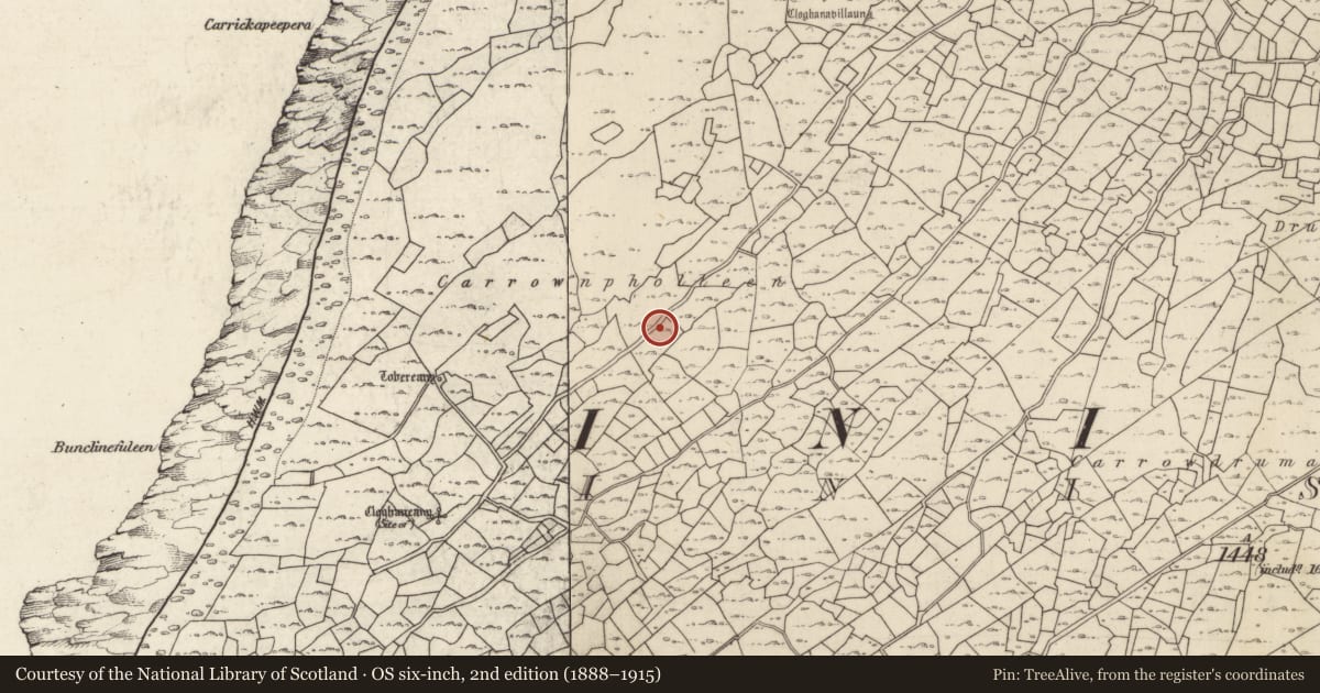 Ordnance Survey six-inch map, 2nd edition (1888–1915) covering the location of Megalithic tomb - wedge tomb, Inis Oírr, County Galway, with a pin at the register's coordinates