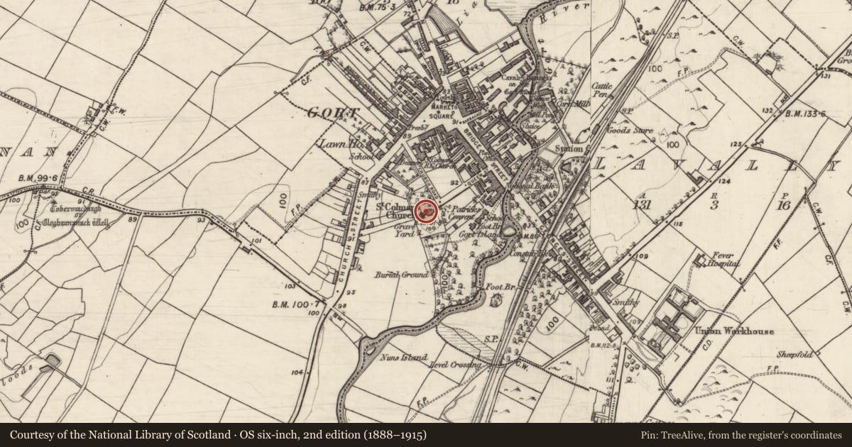 Ordnance Survey six-inch map, 2nd edition (1888–1915) covering the location of Church, Ballyhugh, County Galway, with a pin at the register's coordinates