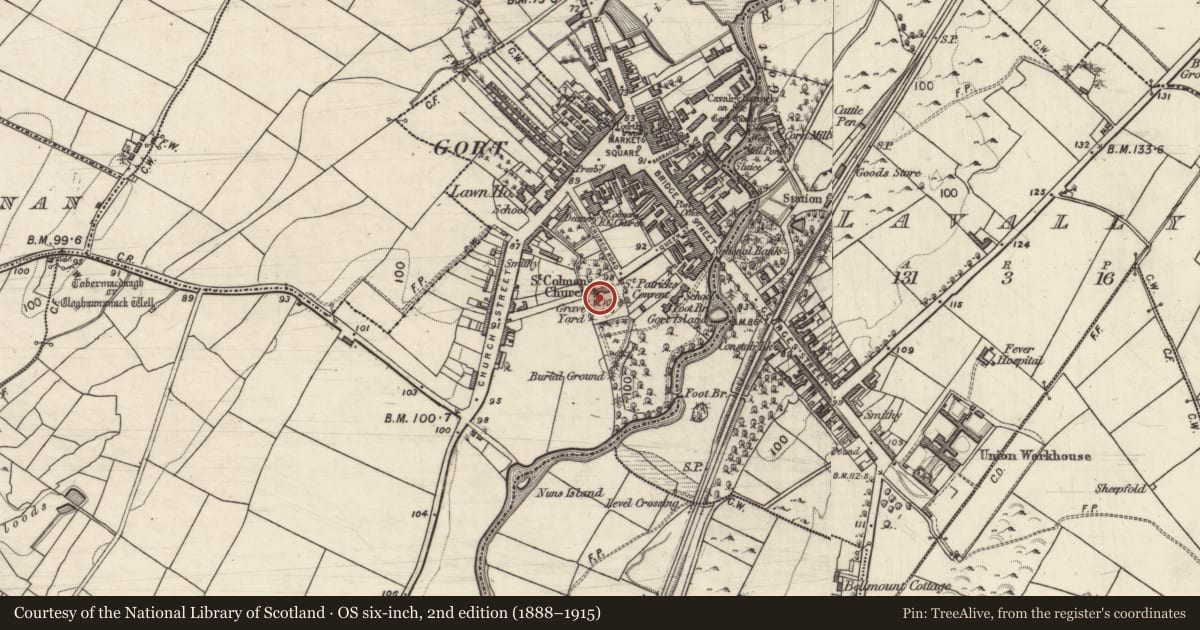 Ordnance Survey six-inch map, 2nd edition (1888–1915) covering the location of Graveyard, Ballyhugh, County Galway, with a pin at the register's coordinates